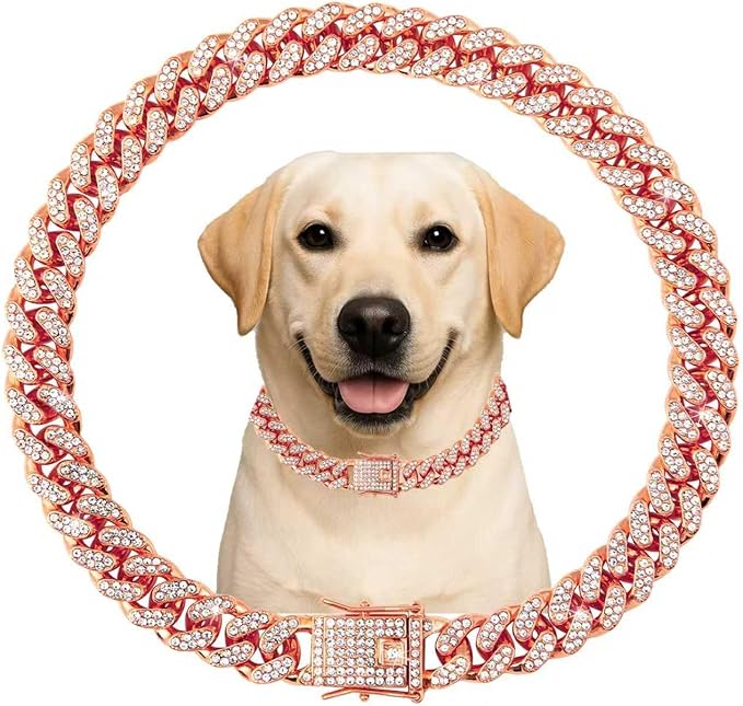 Cuban Link Dog Chain Collar Rose Gold Crystal Dog Necklace Metal with Design Secure Buckle Pet Collar Jewelry Accessories for Small Medium Large Dogs Cats(Rose Glod 24inch)