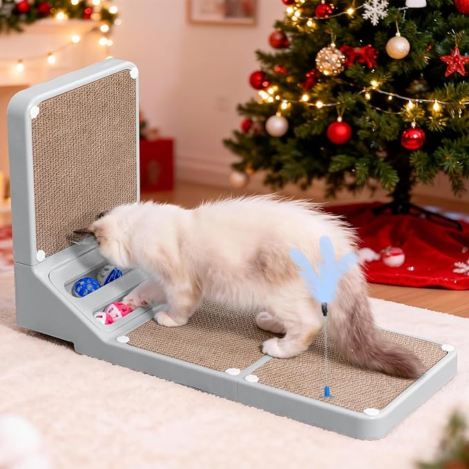 Cat Scratching Post Cat Scratching Board,2-in1 L Shaped Cats Cardboard Scratcher with Box, Kitten Scratcher Ball Wall Scratchers Pad for Indoor Cats Grey