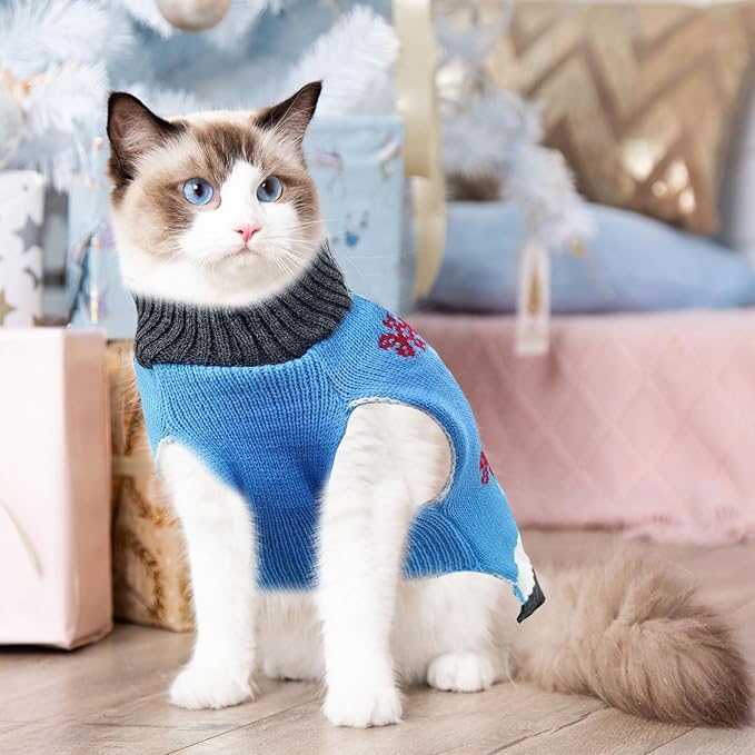 Pet Christmas Dog Sweaters Cute Animal Snowman Printed Puppy Xmas Costumes Winter Warm Turtleneck Jumpers Puppy Knitted Clothes Cat Outfits (M, Blue Snowman)