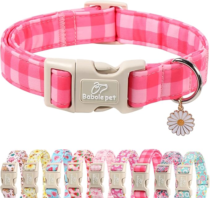 Girl Dog Collar for Puppy Small Dogs - Cute Pink Plaid Puppy Collar, Soft Adjustable Spring Summer Female Dog Collars with Quick Release Buckle XS