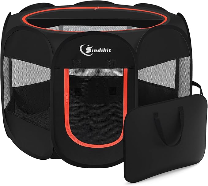 Dog Playpen, Large Puppy Pet Playpen, Dog Crate Tent Cage Indoor/Outdoor, Portable Pop Up Dogs Kennel Playpen with Carrying Case for Dogs/Cats/Rabbitss, Black