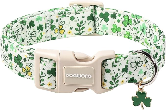 DOGWONG St Patrick's Dog Collar, Green Clover Pet Collar Cotton Holiday Pet Collar Cute Puppy Collar Adjustable Pet Dog Collars for Large Dogs,XL