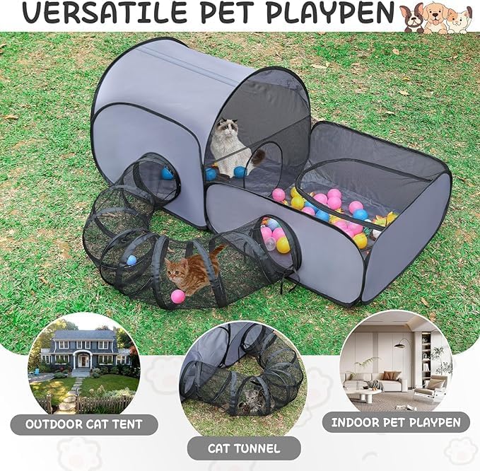 Pet Playpen with Surround Tunnel, Outdoor/Indoor Cat Playpen with Breathable Soft Sides，Tailtastic Cat Enclosure Tent for Small Animals, Portable Tent with Carry Bag (Medium)