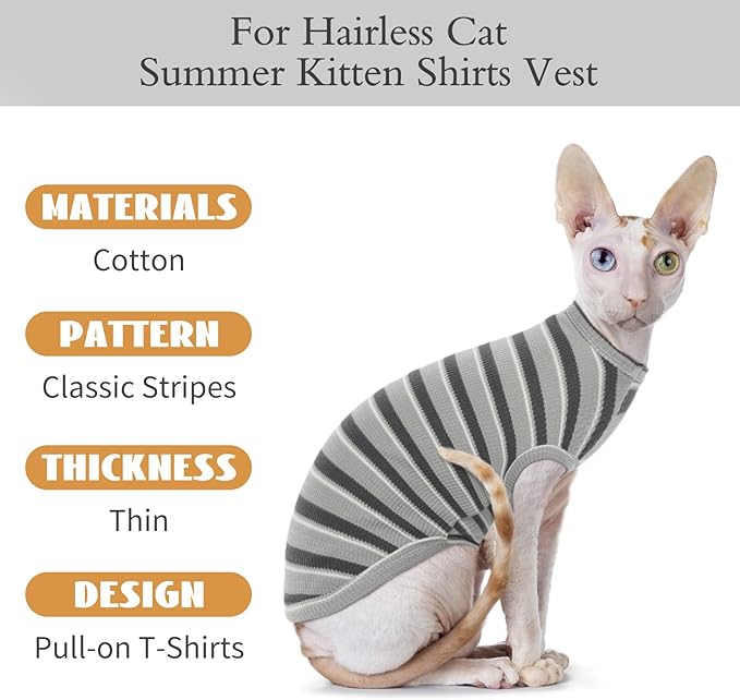 BRKURLEG Hairless Cats T Shirt, Cat Sweaters, Pullover Kitten Shirts, Sleeveless Round Collar Cotton Vest for Cornish Rex Devon Rex Peterbald and Small Dogs Sweater(Grey Stripes, XL)