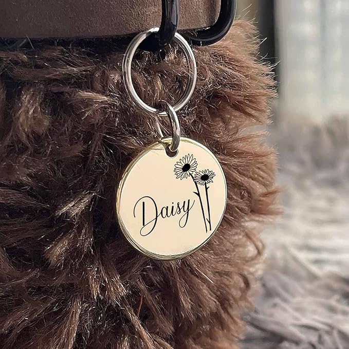 Cats Dogs ID Tags Personalized Engraving Birth Flowers Pattern for Custom Pets Collar Accessories Shiny Brass Copper Extra Small Round Name Plate