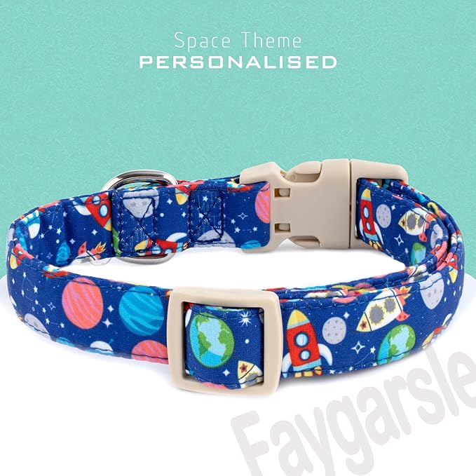 Faygarsle Space Theme Dog Collar, Navy Blue with Rockets and Planets Pattern for Summer Small Medium Large Dogs M