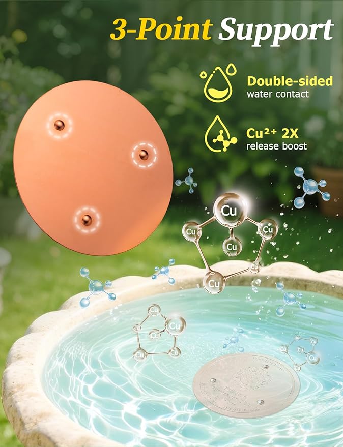 Mellbree 3-Pack Bird Bath Copper Disk, 0.6mm Reinforced 99.99% Pure Copper Cleaning Disk with Triple-Point Support for Physical Safe Clean Water All-Season (Flower)