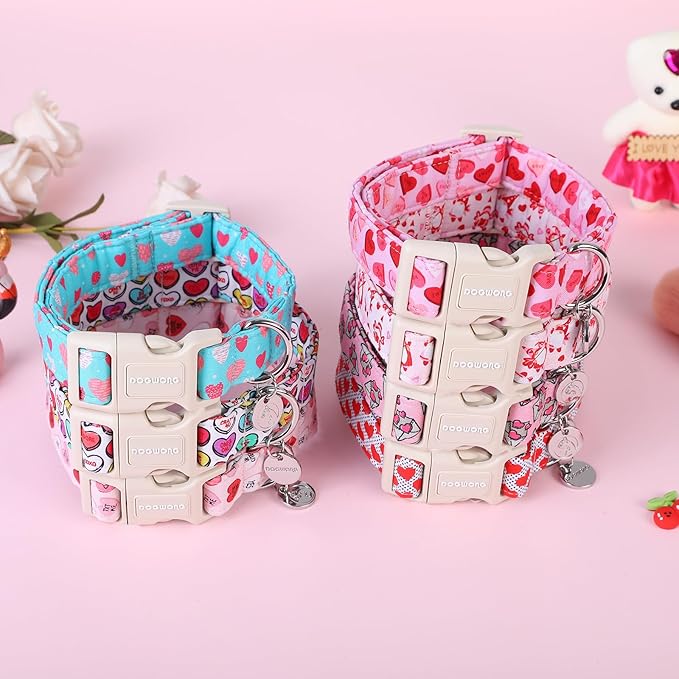DOGWONG Valentine's Dog Collar - Pink Heart Adjustable Cotton Heart Dog Collar - Perfect for Small, Medium, Large Dogs