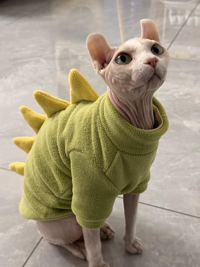 Dinosaur Sphynx Cat Clothes, Soft Polar Fleece Sweater for Cat, Elastic Pet Clothes Thick Winter Warm Outfit for Hairless Cat, Devon, Cornish, Small Dogs Apparel with Sleeves (Green, Large)
