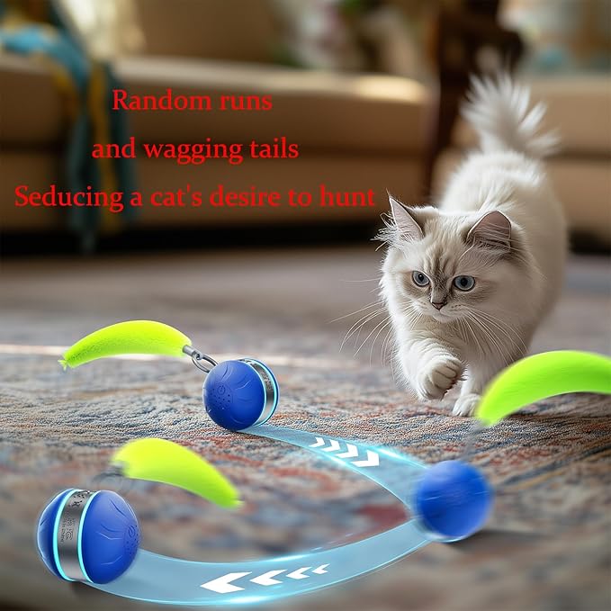 Interactive Cat Toy Ball Automatic Interactive Cat Toys for Indoor Cats with Birdsong 3 Tails 3 Modes Newly Upgraded Speedy 2.0 Tail Cat Toys for Kitten/Small/Medium/Large Cats to Keep Them Busy(Blue)