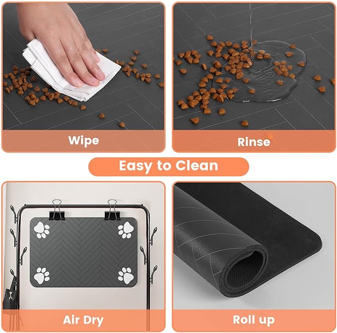 Pet Feeding Mat-Absorbent Pet Placemat for Food and Water Bowl, with Waterproof Rubber Backing, Quick Dry Water Dispenser Mat for Dog and Cat (24"x16", Black)