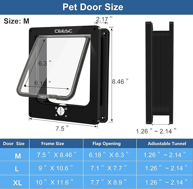 CEESC Medium Cat Door for Interior/Exterior Door, Weatherproof, Black, Rotary 4 Way Locking Pet Door for Cats & Dogs with Circumference < 15.75", Upgraded Version
