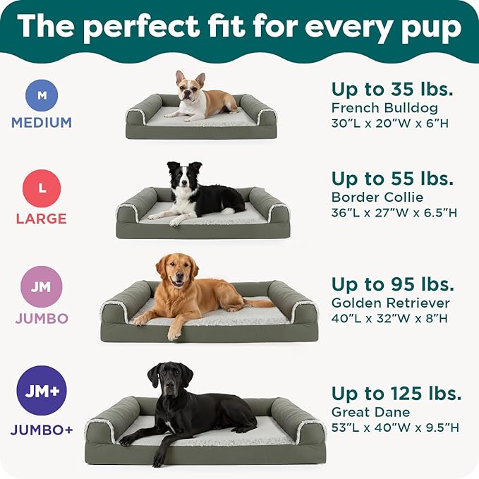 Furhaven Orthopedic Dog Bed for Large Dogs w/ Removable Bolsters & Washable Cover, For Dogs Up to 125 lbs - Faux Fur & Velvet Sofa - Smoke Gray, Jumbo Plus/XXL