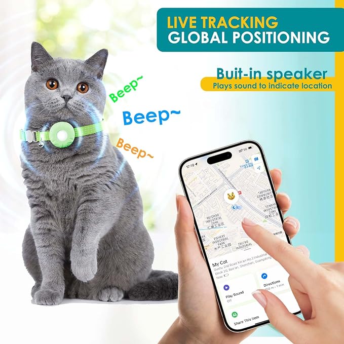 Cat Tracker, GPS Tracker Compatible with Apple Find My App(Only iOS), Waterproof Cat Tracker Collar with Bell and Safety Elastic Buckle, No Monthly Fee Pet Trackers, Works with Any Collar,Green