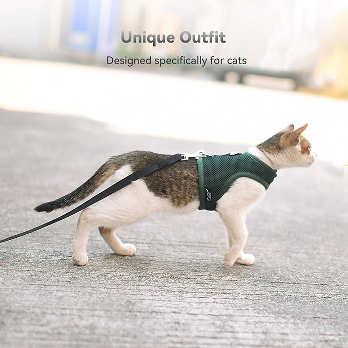 Kitty Harness and Leash for Walking Escape Proof Breathable Mesh Fabric, Solid Green, Small, Adjustable Cat Walking Jackets, Padded Stylish Cat Vest