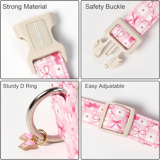 DOGWONG Pink Plaid Dog Collar-Cute Pink Bowtie Print Dog Collar, Adjustable Cotton Girl Female Pet Collar with Quick Release Buckle,S