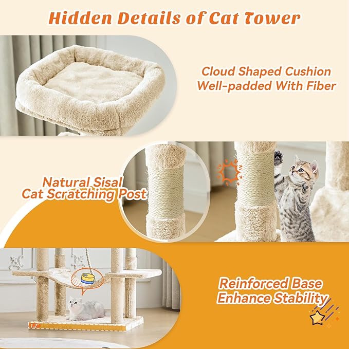 Sweetcrispy 66 inch Cat Tree Tower, Large Multi Level Cat Climbing Tower with Condo, Natural Sisal Scratching Posts, Extended Platform, Hammock, Pet House for Indoor Cats and Kittens Play, Beige