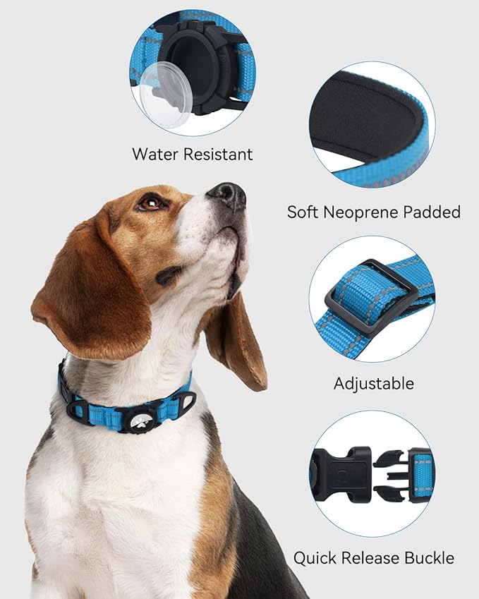 Joytale Airtag Dog Collar, Reflective Pet Collar with Waterproof AirTag Holder, Dual D-Rings, Soft Padded Adjustable for Extra Small and Puppy Dogs, SkyBlue, XS