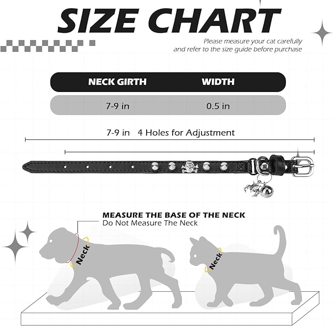 EXPAWLORER Leather Cat Collar for Girl Boy- Adjustable Pet Collar with Safety Elastic Belt,Personalized Punk Accessories Buckle Collars with Bell & Durable D-Ring,Rivet(Black)
