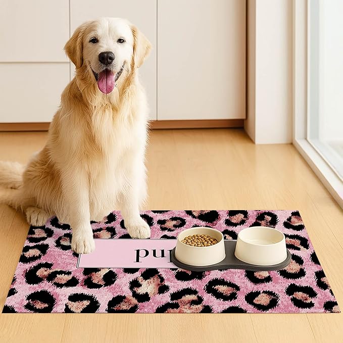 Puppy Feeding Mat 20x12 inch Pink Leopard Print Dog Bowl Placemat Non Slip Mat for Pet Food and Water Small Dogs Indoor Feeding Station Puppy Pet Placemat for Kitchen and Dining
