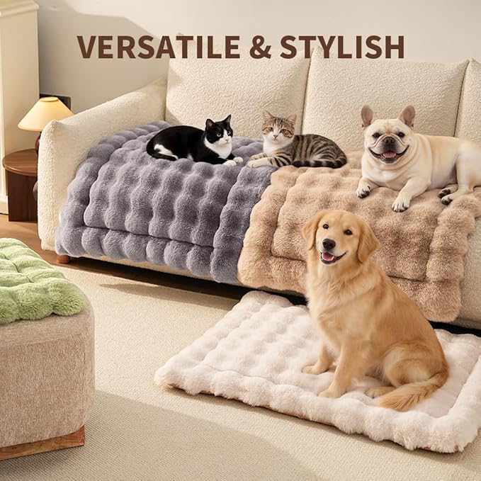 Self-Warming Cat Bed, Plush Faux Fur Pet Bed Mat with Anti-Slip Bottom, Ultra Soft Heated Pad for Cats & Kittens, Cozy Fluffy Bed for Window & Sills Couches, Machine Washable, 23x15 Inch White