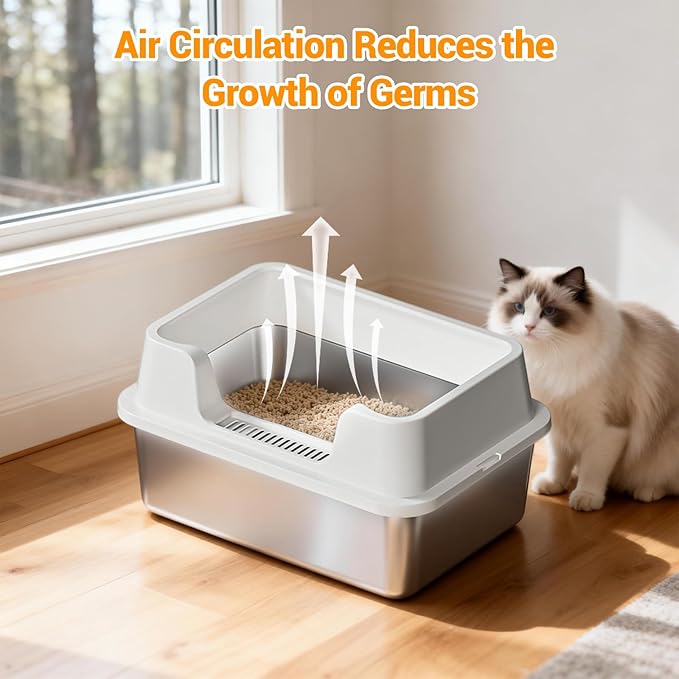 Stainless Steel Litter Box, XL Enclosed Cat Litter Boxes with Lid for Big Cats and Multi-Cats, High Sided, Anti-Urine Leakage Non-Stick Bottom Include Scoop Easy to Clean