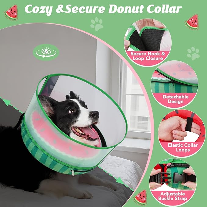 Inflatable Dog Cone with Anti-Licking Clear Shield, Protective Dog Donut Collar After Surgery, Adjustable Soft Recovery Cone for Pets, Alternative Collar with Buckle Strap (Watermelon, M+)