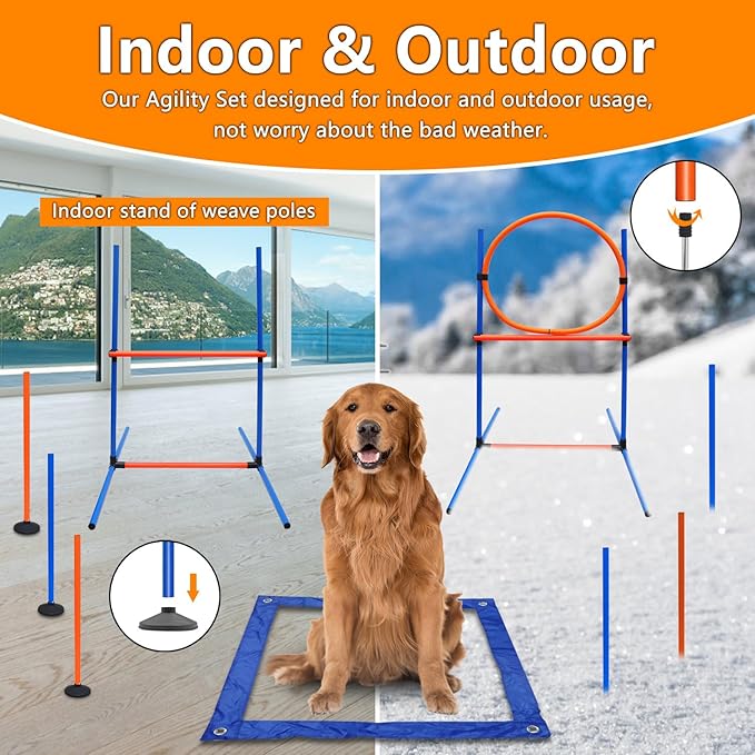 Premium Dog Agility Equipment Set Outdoor Indoor Game, Tire Jump + Hurdle Jump, Tunnel, Weave Poles, Pause Box, 2 Toy Balls, 2 Flying Discs, 1 Whistle, 1 Bag, Backyard Dog Training Obstacle Course Kit