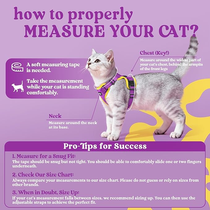 rabbitgoo Cat Harness and Leash for Walking, Escape Proof Soft Adjustable Vest Harnesses for Cats, Easy Control Breathable Reflective Strips Jacket, Purple&Yellow,XS