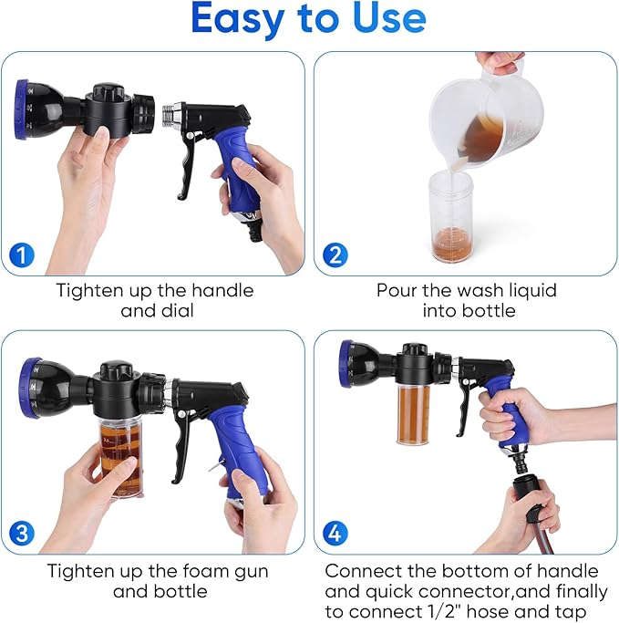 Pet Bathing Sprayer Kit,10 Spray Patterns, Adjustable Hose Wash Sprayer with 4 to 8 Bars Foam Blaster,Suitable for Pet Washing, Car Cleaning and Garden Use with 1/2” Quick Connector