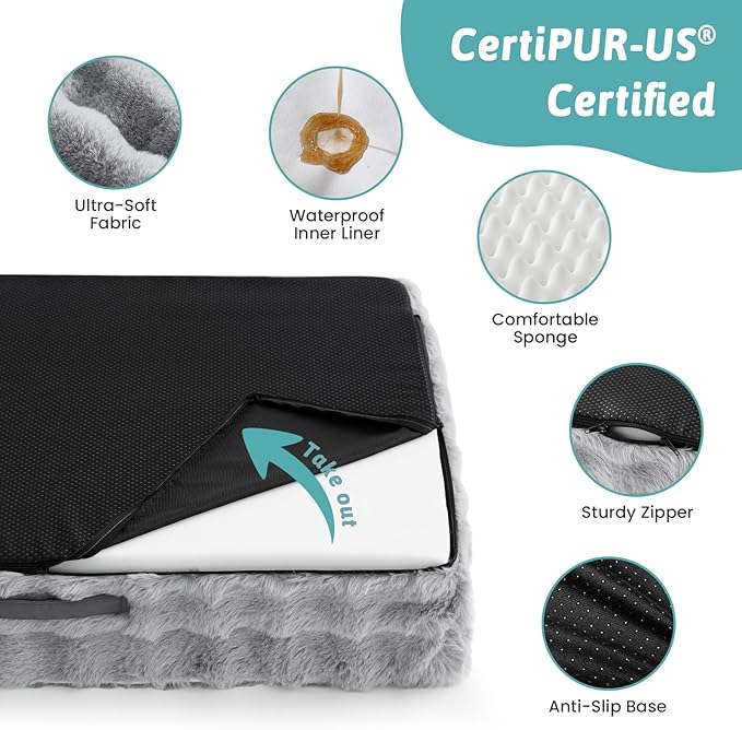 Faux Fur Orthopedic Dog Bed, Super Soft Large Dog Bed, Supportive Foam Bolster Pet Sofa with Waterproof Lining Cover, Washable U-Shaped Pet Couch with Anti-Slip Bottom Design, Grey XL 42x30x7 inch