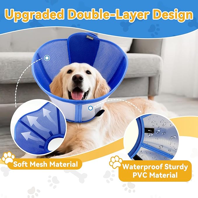 Upgraded Dog Cone Collar for Large Medium Dogs, Soft Dog Cone with Double-Layer Design, Adjustable Pet Recovery Collar for Dogs After Surgery, Elizabethan Collar (S, Blue)