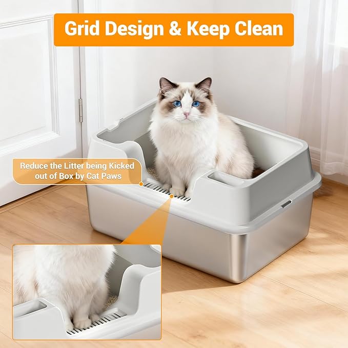 Stainless Steel Litter Box, XL Enclosed Cat Litter Boxes with Lid for Big Cats and Multi-Cats, High Sided, Anti-Urine Leakage Non-Stick Bottom Include Scoop Easy to Clean