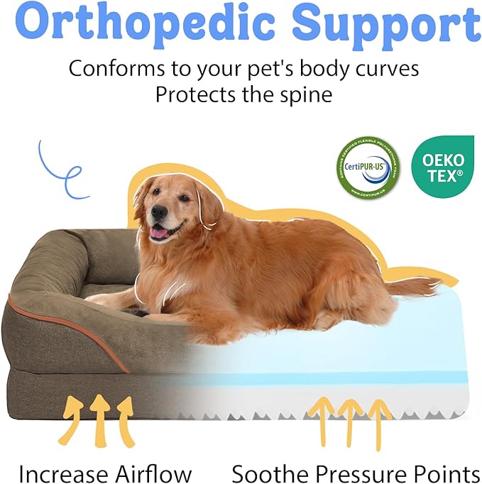 Washable Orthopedic Large Dog Bed - XL Large Dog Bed with Removable Bolsters Cover Foam Support Big Dogs Beds Non-Slip Bottom & Waterproof