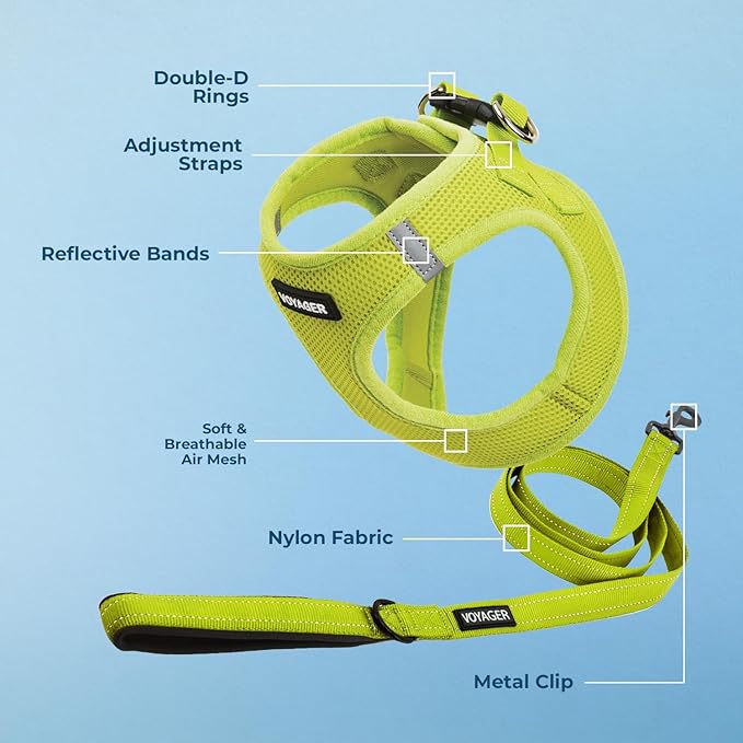 Best Pet Supplies Voyager Step-in Air All Weather Mesh Harness and Reflective Dog 5 ft Leash Combo with Neoprene Handle, for Small, Medium and Large Breed Puppies - Set (Lime Green), XL