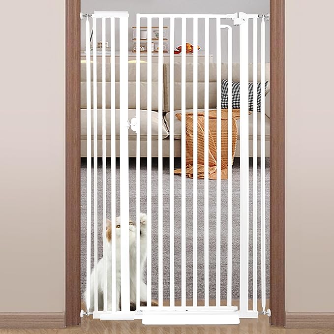 71“ Extra Tall Cat Gate for Doorway: 33.4-37.4” Wide Pet Gate, Auto Close/One Handed Open, 1.34” Extra Small Gap, No Drill Pressure Mount Tall Cat Gate for Interior Stairs/Kitchens/Hallways (White)