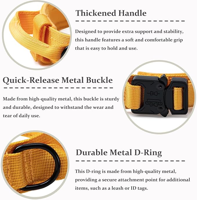 Tactical Dog Collar, Adjustable Military Training Nylon Dog Collar with Control Handle and Heavy Quick-Release Metal Buckle for Small Medium Large Dogs, Yellow L