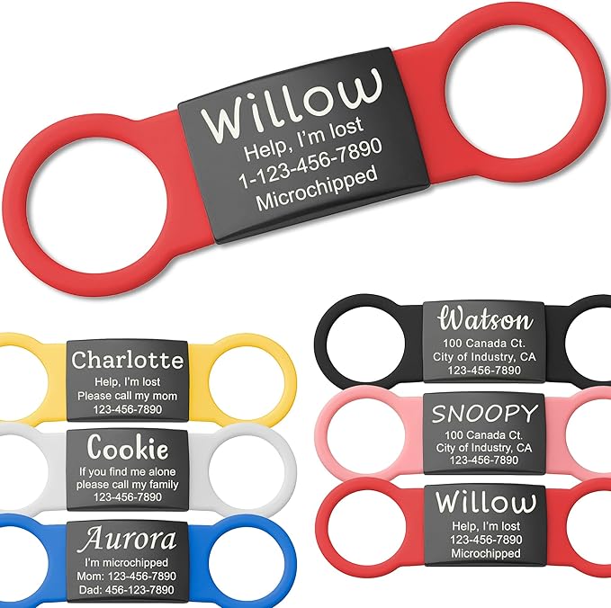 Anavia Slide On Silent Pet ID Tags, S/M/L/XL Personalized Black Stainless Steel Colored Silicone Cat Dog Name Tag, Customized Engraved Nameplate, Quiet Chew-Proof Pet Collar Tag (Red, X-Large)