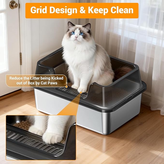Stainless Steel Litter Box, XL Enclosed Cat Litter Boxes with Lid for Big Cats and Multi-Cats, High Sided, Anti-Urine Leakage Non-Stick Bottom Include Scoop Easy to Clean