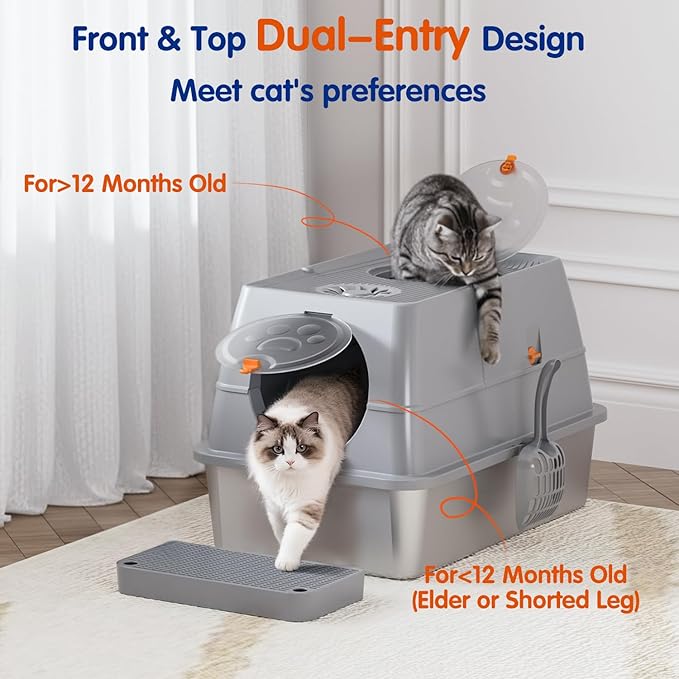 Stainless Steel Litter Box with Lid, XL Extra Large Cat Litter Box Enclosure, Front & Top Entry Covered Metal Cat Box with Steps & Scoop, Easy Cleaning