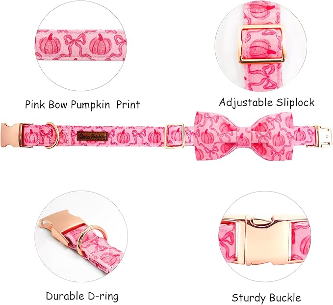 Dog Collar, Pink Pumpkin Print Adjustable Pet Collar Cute Cotton Soft Collars with Bow Tie Fall Metal Buckle Holiday Puppy Collars Boy&Girl Gift for X-Small Dogs