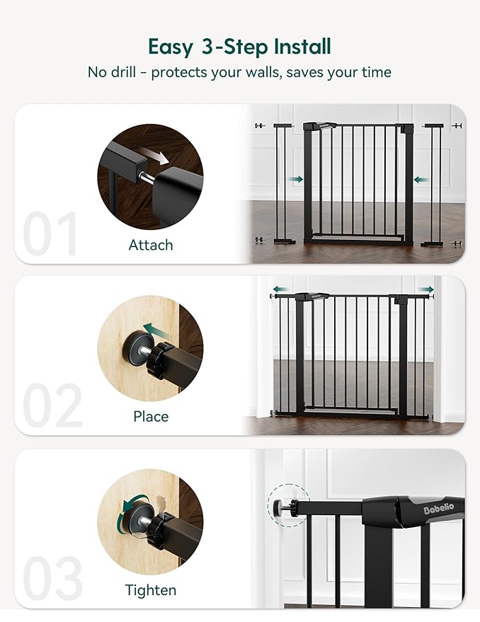 Babelio 36" Tall Baby Gate, PressGuard P7, 29-55" Auto Close Pressure Mounted Dog Gate for Doorways & Hallway, Basics Easy Walk Thru Pet Gate, Extra Wide Metal Child Gate, Black