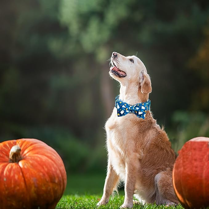 Halloween Dog Collar, Ghost Print Adjustable Pet Collar Blue Cute Cotton Soft Collars with Bow Tie Fall Metal Buckle Holiday Puppy Collars Boy&Girl Gift for X-Large Dogs