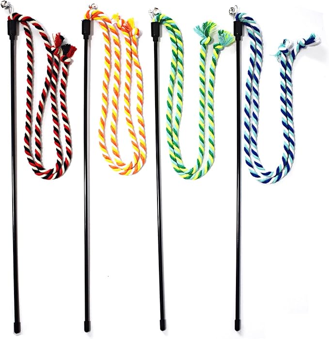 IUHKBH Cat Wands, 4 PCS Colorful Rope Cat Toys Flexible Teaser Wands Interactive Kitten String Wands, Safe Kitty Toys for Indoor