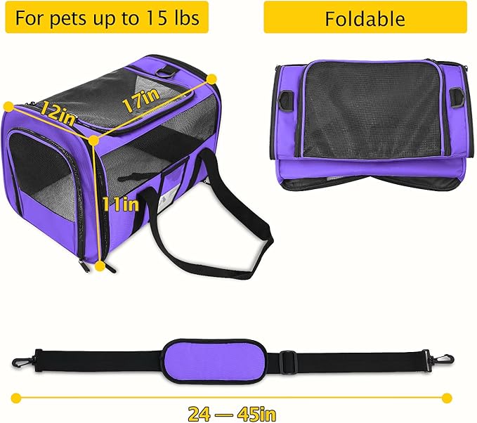 Refrze Pet Carrier Airline Approved, Cat Carriers for Medium Small Cats, Soft Dog Carriers for Small Medium Dogs,TSA Approved Pet Carrier for Cats Dogs of 15 Lbs, Puppy Carrier,Purple