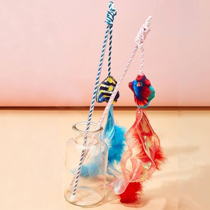 IUHKBH Cat Wand Toy, 2 PCS Vibrant Colors Teaser Toy Interactive Cat Toy for Indoor Cats Enrichment, Saft Kitty Toy for All Breed Sizes