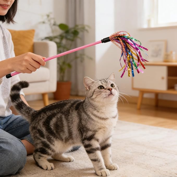 IUHKBH Cat Wands, 3 PCS Durable Teaser Wands with Mylar Strips Interactive Cat Toy Kitten Stick for Indoor Having Fun Exerciser Playing