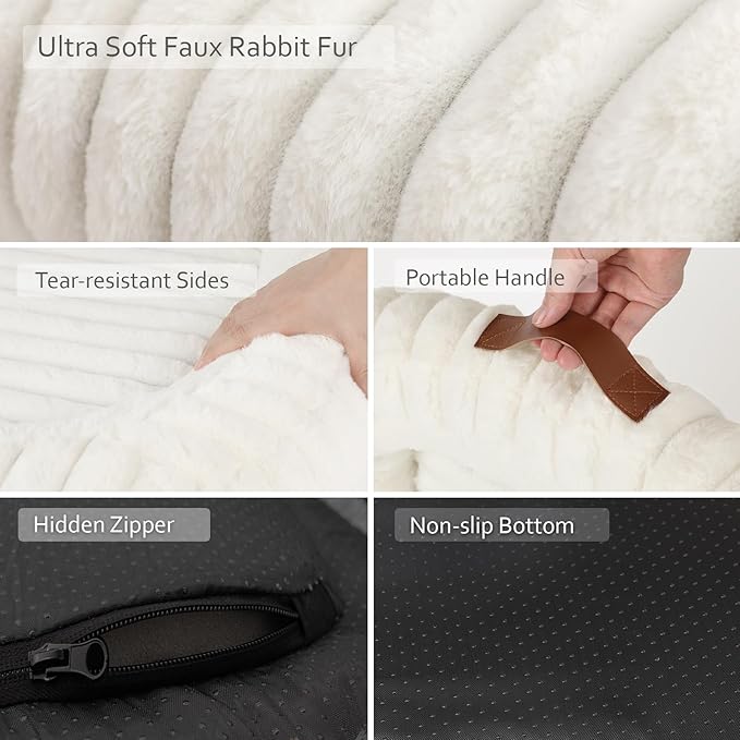 Washable Dog Bed for Medium Dogs – Soft Plush Calming Puppy Bed with Anti-Slip Bottom & Portable Handle, Orthopedic Rectangle Anti-Anxiety Pet Bed for Kennel/Crate, 30"x24"x5", Cream