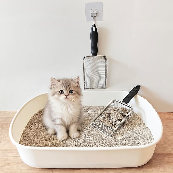 2Pcs Cat Litter Scoop Metal Stainless Steel Mesh Kitty Litter Scoop with Hook, Cat Scooper for Litter Box, Filter Small Pieces Quickly, Easy to Clean and Durable (3mm/5mm Mesh)