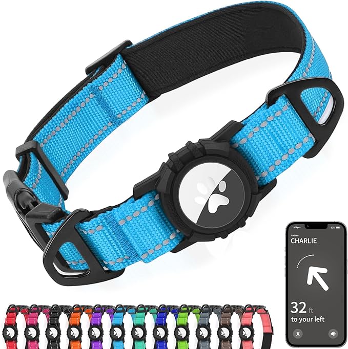 Joytale Airtag Dog Collar, Reflective Pet Collar with Waterproof AirTag Holder, Dual D-Rings, Soft Padded Adjustable for Small Dogs, SkyBlue, S